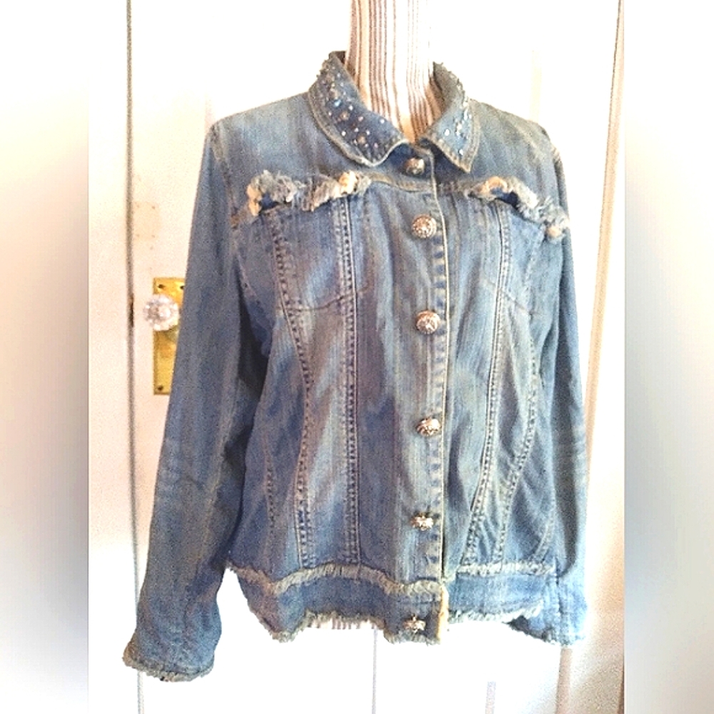 Authentic Brandon Thomas Embellished Artsy Denim Jacket - xl